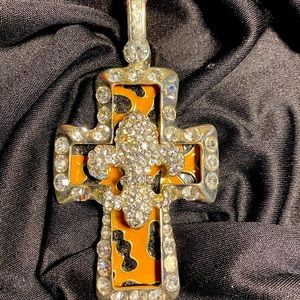 Beautiful large cross CZs Leopard in the background Fleur-de-lis